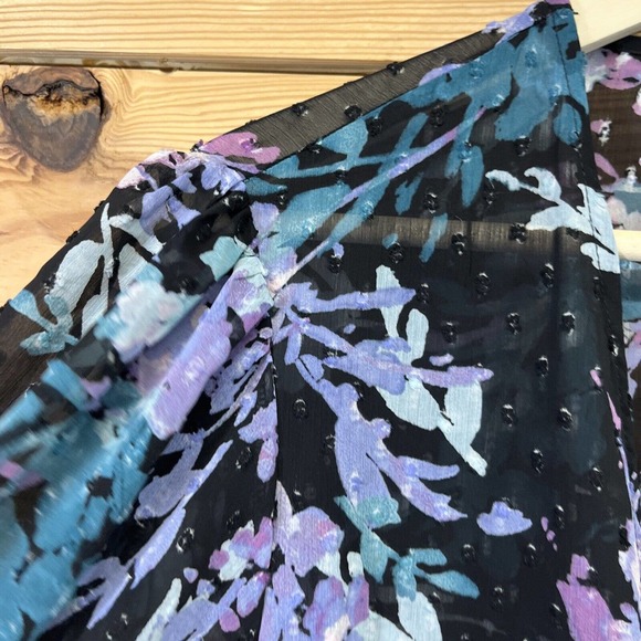 Torrid 1 Ruffle Kimono Shirt Floral Swiss Dot Black Purple SS Sheer boho B84 - Picture 4 of 16